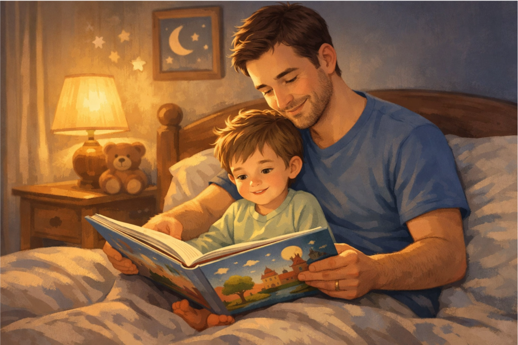 Pai e filho lendo antes de dormir