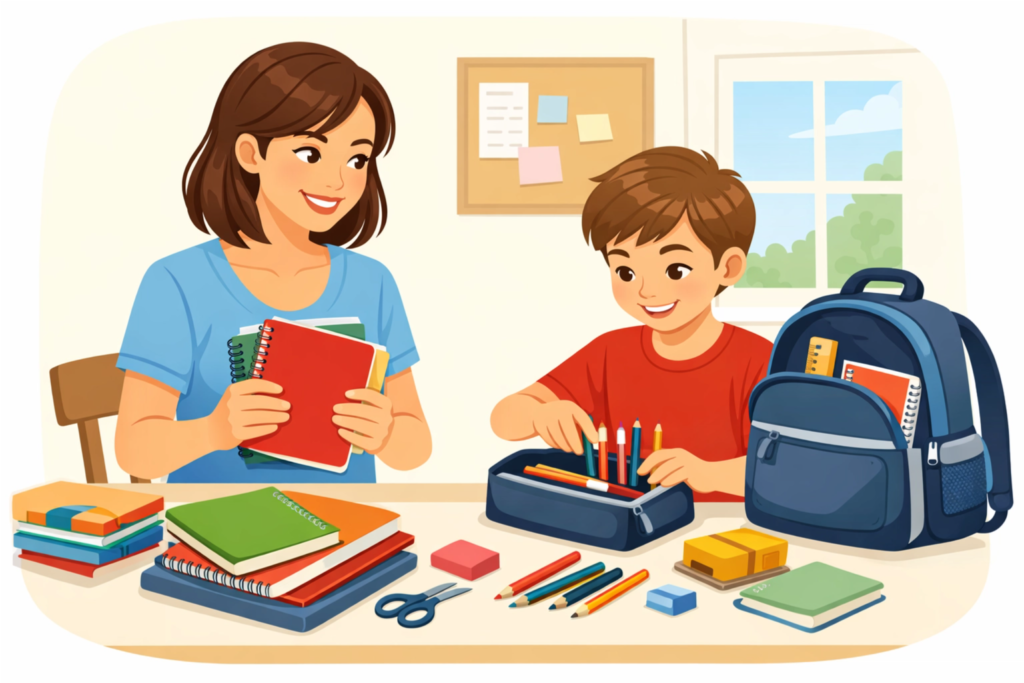 Criança organizando os materiais escolares com a mãe